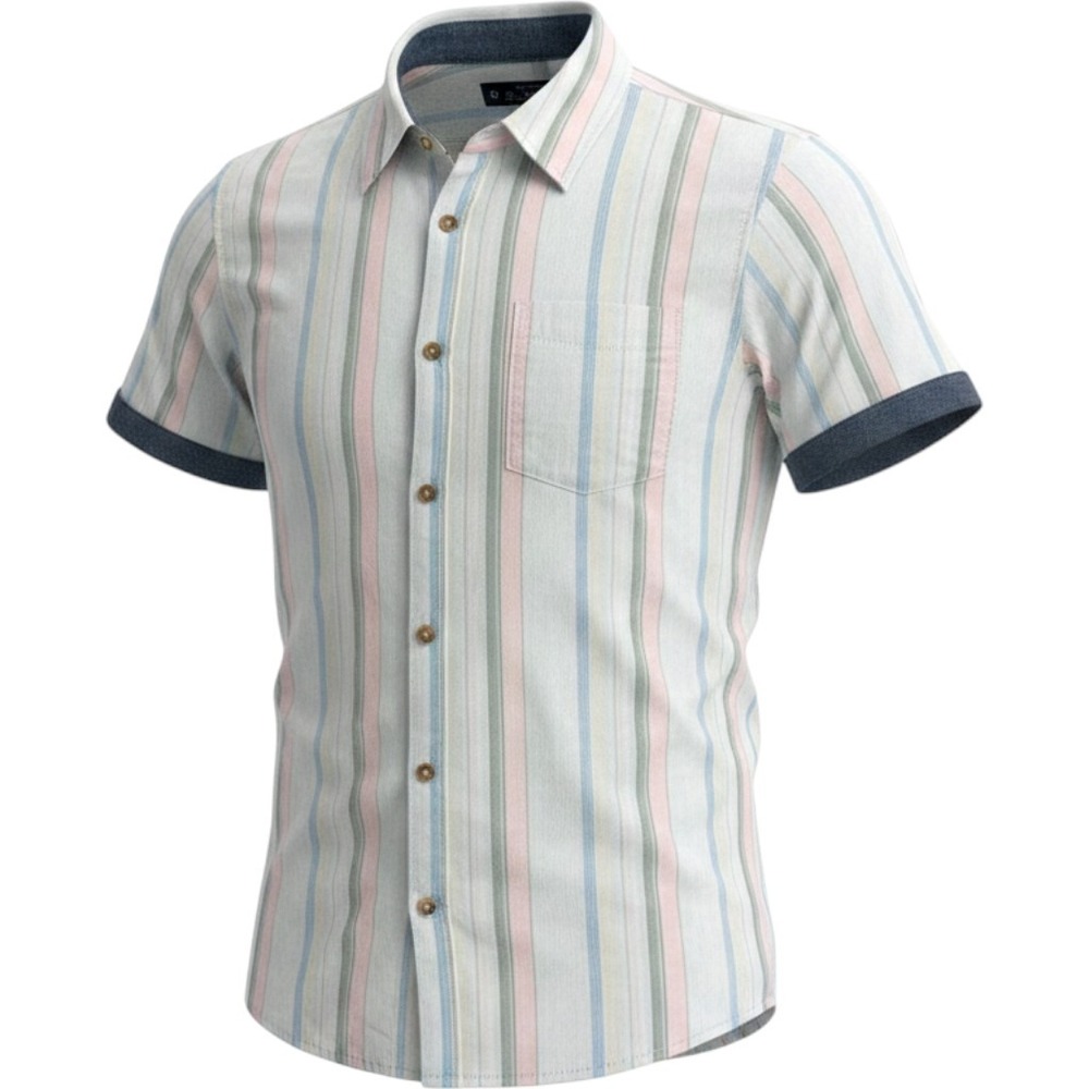 Ben Sherman Pastel Vertical Stripe Short Sleeve Shirt with Chambray Trim